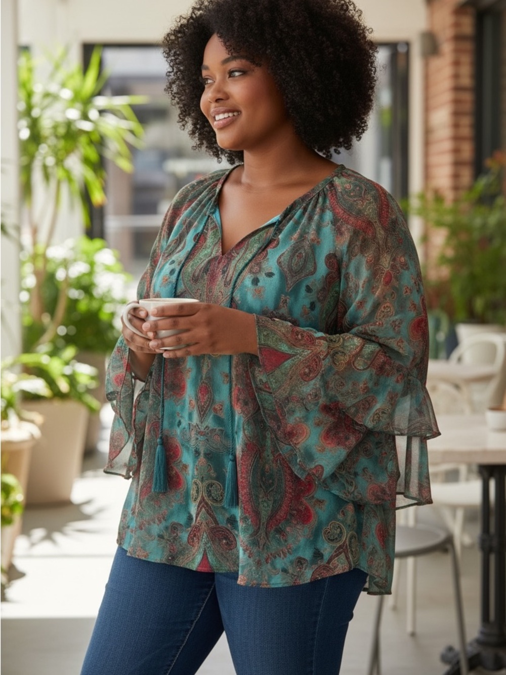 Teal Paisley Peasant Blouse with Tassel Tie